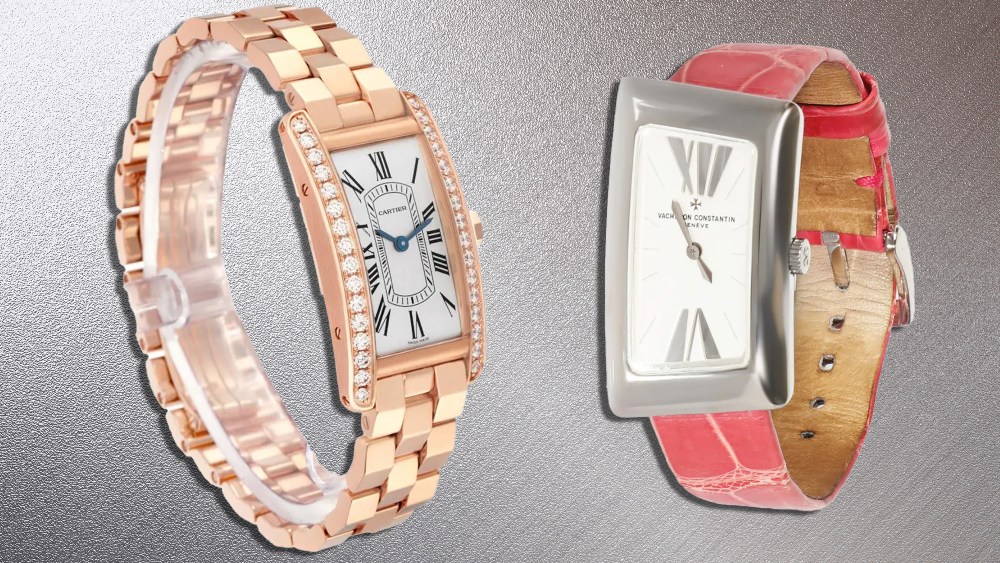 two luxury watches from cartier and vacheron constantine over a shiny platinum background
