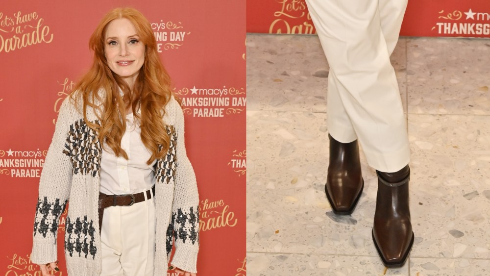 jessica chastain, thanksgiving day parade, new york city, leather boots