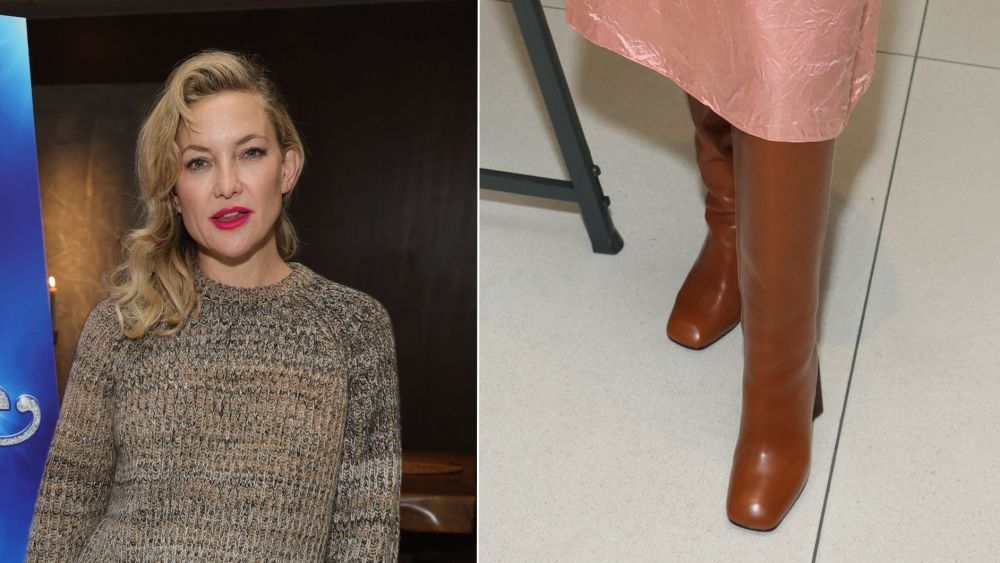 Kate Hudson wears Tory Burch Twisted Heel High Boots in Cognac Brown to the latest screening of "Song Sung Blue" in Los Angeles on Friday.
