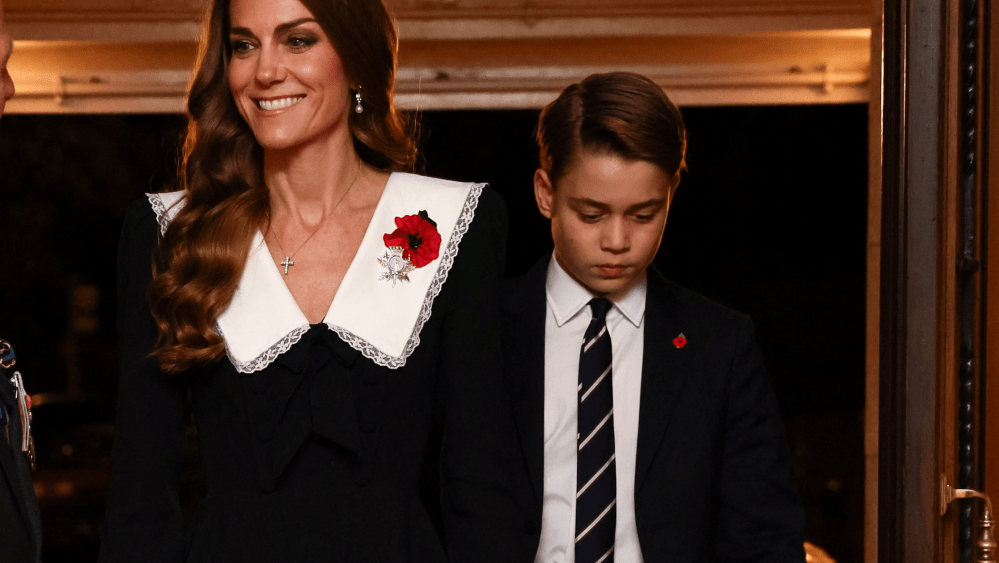 Kate Middleton in an Alessandra Rich peplum dress alongside her son Prince George on Saturday in London during the 2025 Festival of Remembrance.