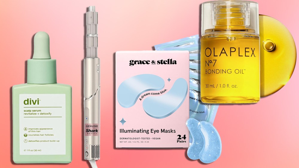 an assortment of on-sale beauty products from amazon, like hair dryers and eye masks, over a gradient pink background