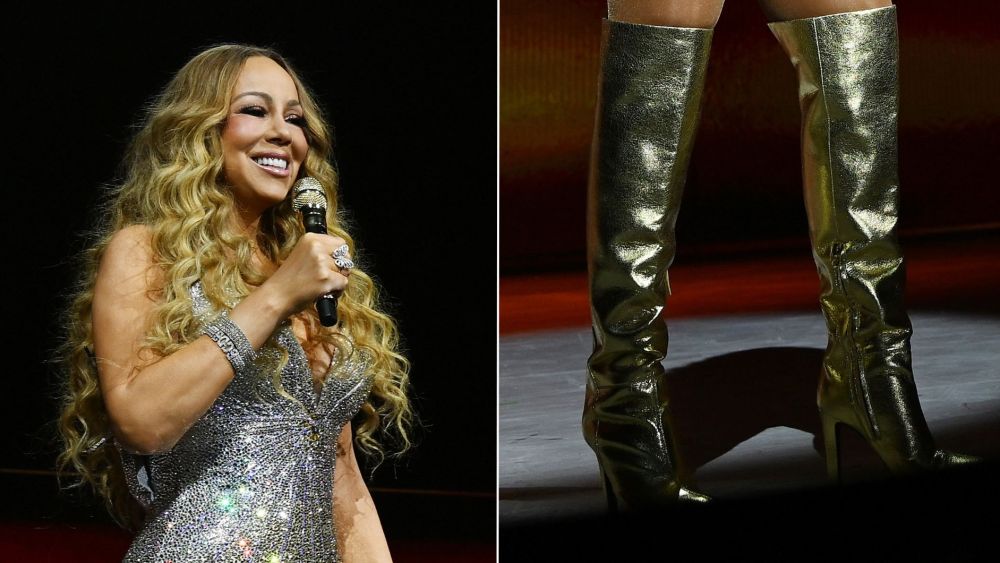 Mariah Carey wears metallic gold Giuseppe Zanotti Hattie boots on the opening night of her "Christmastime in Las Vegas" residency at Dolby Live at Park MGM on Friday night.