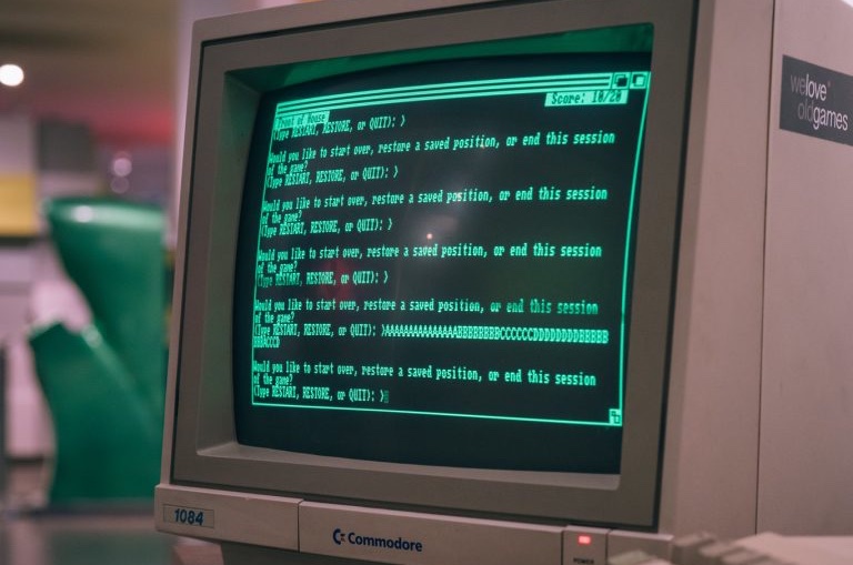 A commodore showing a text game