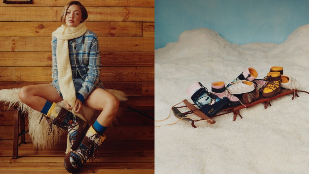 Left: Gigi Hadid wearing Moon Boot x Guest in Residence boots. Right: Moon Boot x Guest in Residence boots.