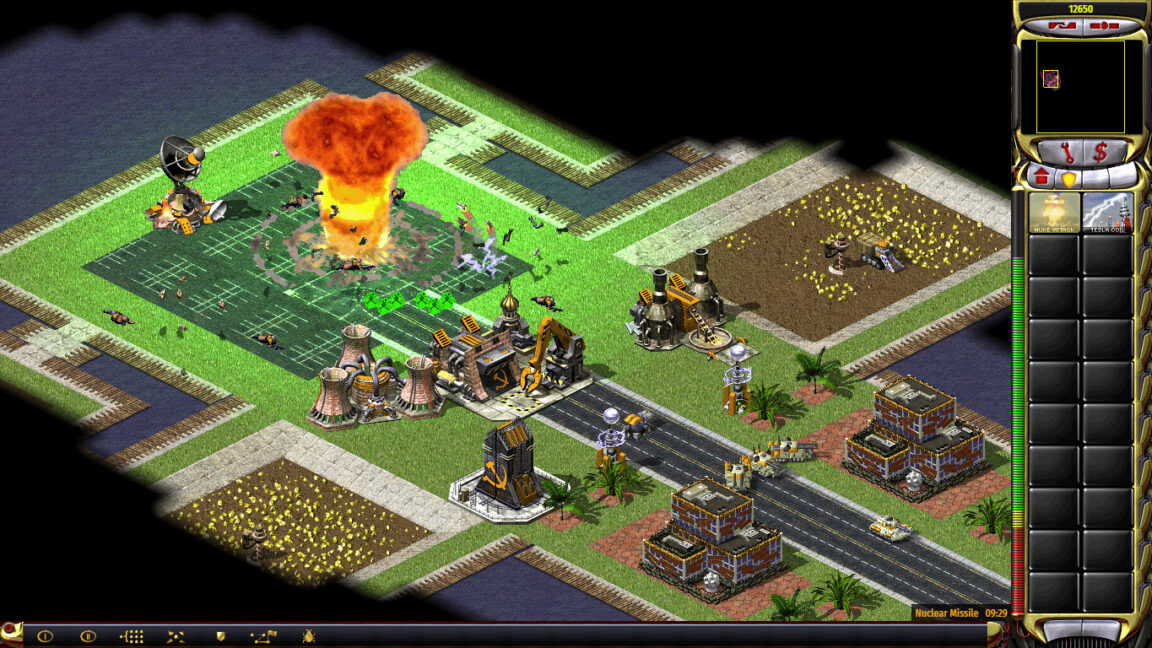 A nuke goes off near a player's base in Command & Conquer: Red Alert 2.