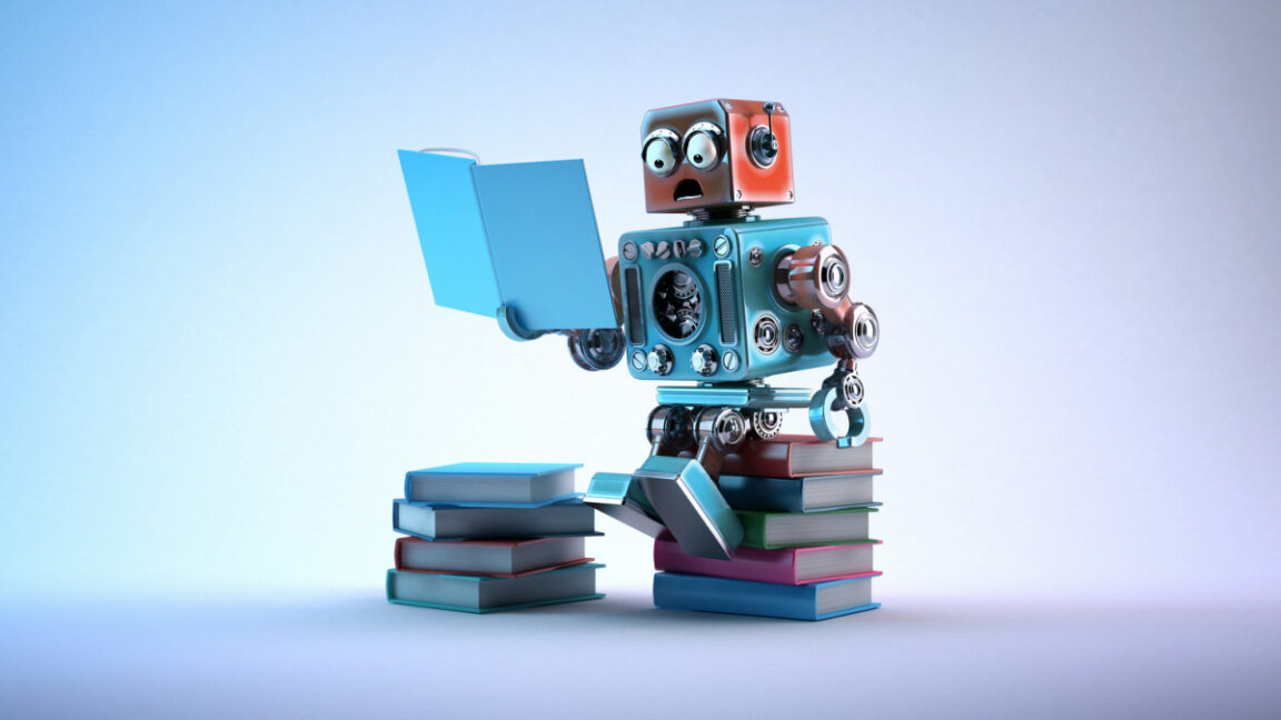 Robot sitting on a bunch of books, reading a book, looking surprised.