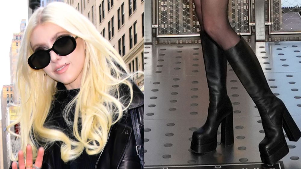 Taylor Momsen wearing stacked platform knee-high boots from Versace during her visit to the Empire State Building on Friday.