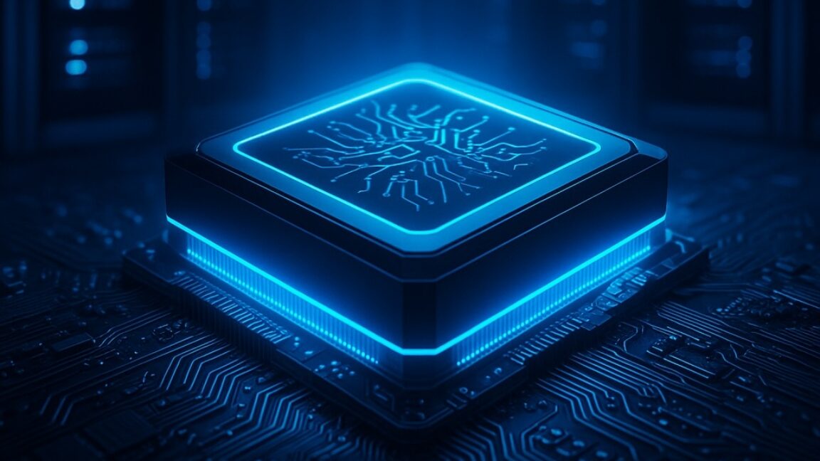 Illustration of a computer chip on a circuit board.