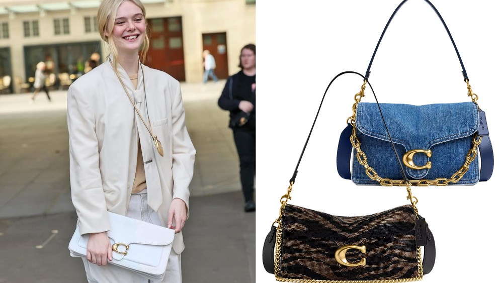 elle fanning smiling while holding an oversized white tabby bag; two tabby bags, one in denim and one in a leopard print, over white background
