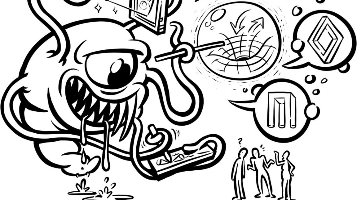 cartoon illustration of an alien blob with incomprehensible word bubbles