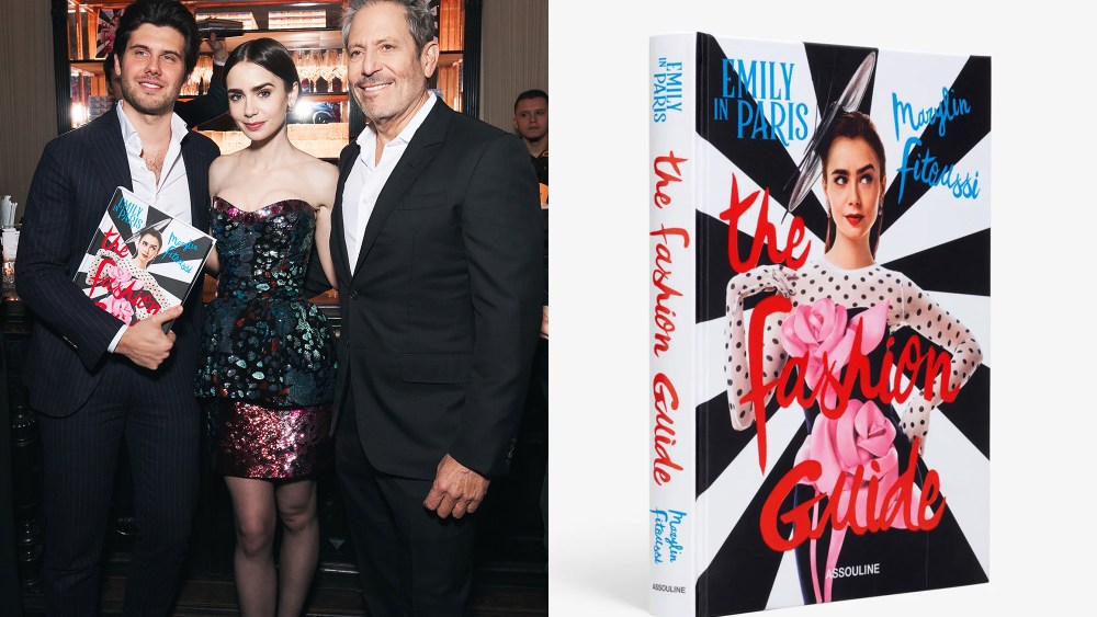 lily collins standing next to two men at an event, with one of them holding a copy of the new 'emily in paris' book; 'emily in paris' book over white background
