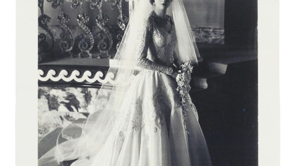 Lady Glenconner on her wedding day in April, 1956. Her antique diamond star tiara sold for 127,400 pounds at Bonhams on Dec. 11.