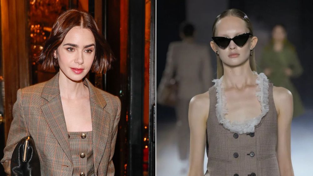 Lily Collins suited up in a head-to-toe McQueen country check tailored outfit while out in Paris on Sunday.