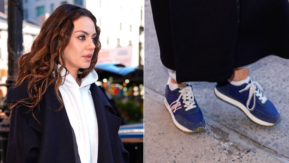 Mila Kunis wore SeaVee's Royal Runner in blue, a vintage-inspired sneaker silhouette, while out in New York City on Tuesday.