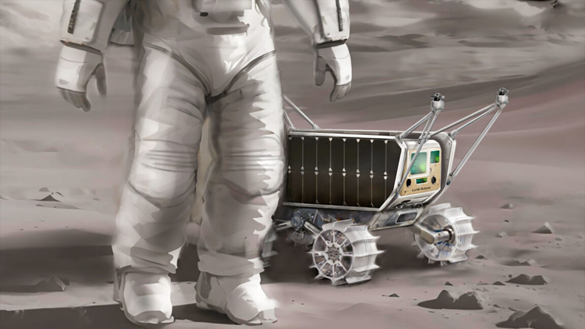 an artist's illustration of a four-wheel rover alongside a spacesuited astronaut standing on the moon (only the waist down is seen).