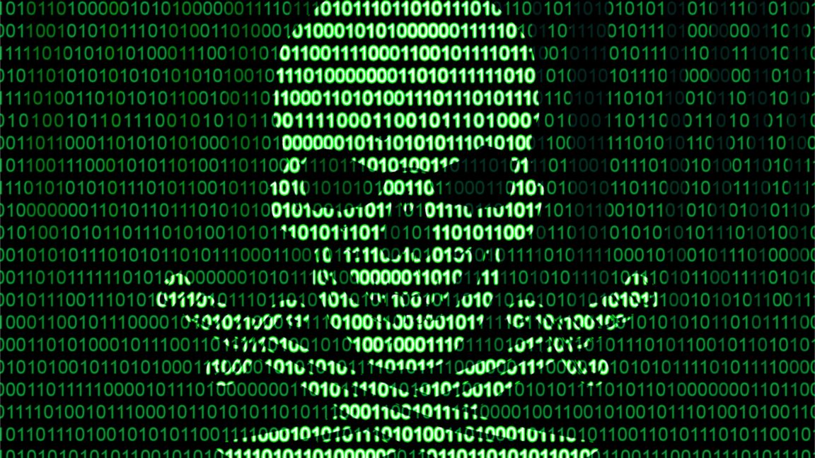 Skull and crossbones symbol consisting of ones and zeroes to represent online piracy