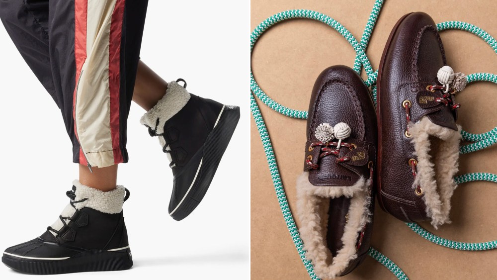 a model wearing sorel's winter boots with striped athletic long pants; shearling-lined boat shoes lying in a pile of nautical rope