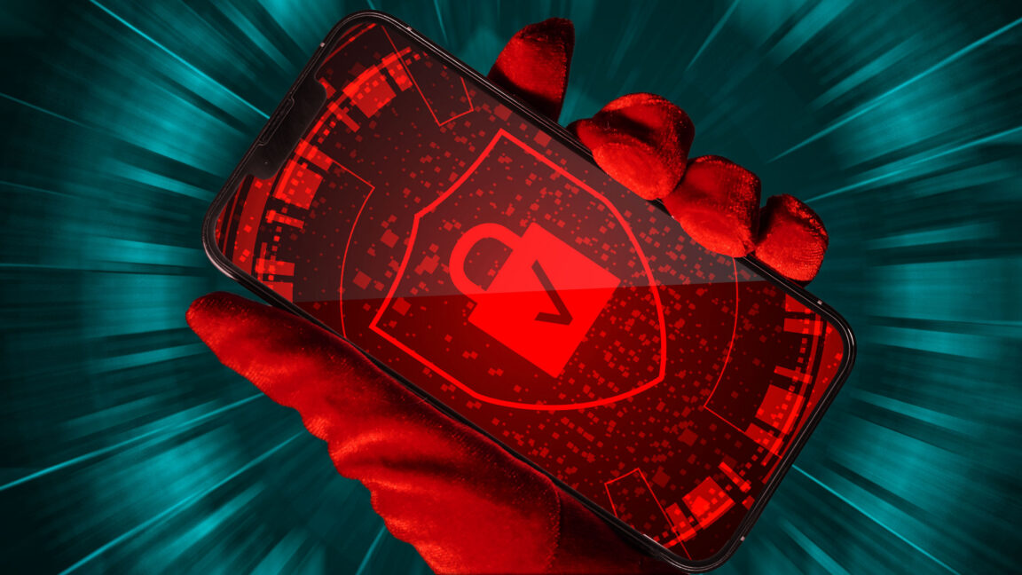 Illustration of a gloved hand holding a smartphone that displays an image of a padlock with a Verizon logo