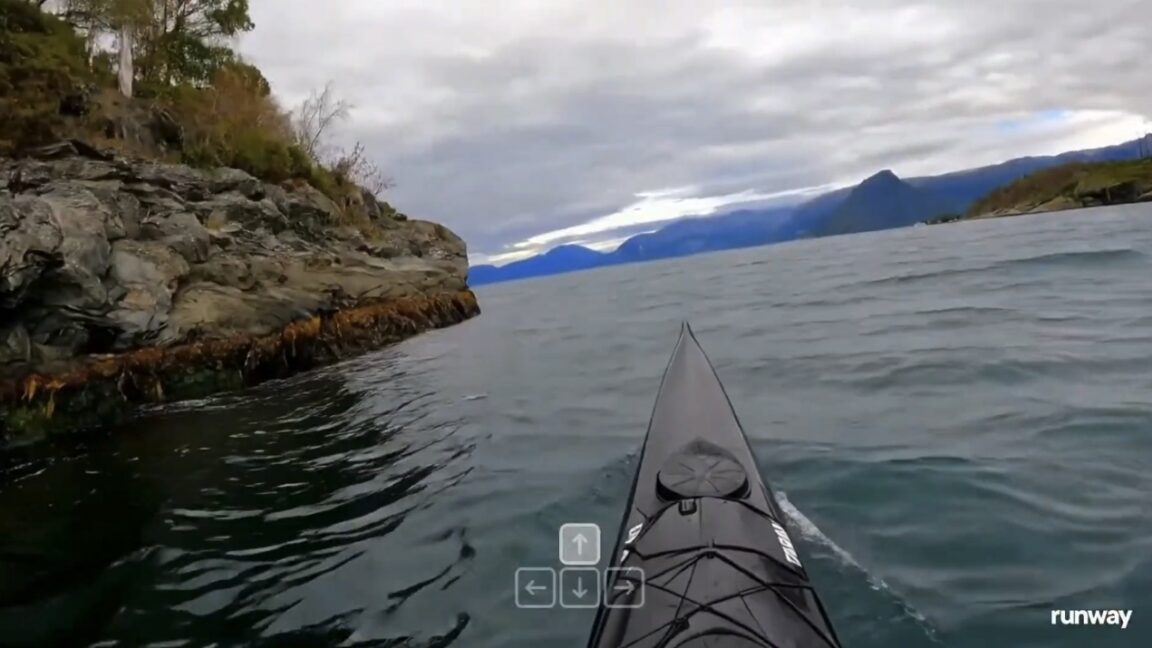 A first-person view from a canoe on a lake in an AI-generated video